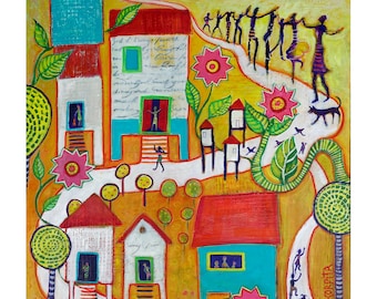 May include: A colorful painting of a whimsical village with houses, trees, flowers, and people walking along a winding path. The houses are painted in bright colors, including red, yellow, blue, and green. The trees are stylized and have green leaves. The flowers are pink and white. The people are walking in a line, and they are all wearing different colors. The painting is set against a yellow background.