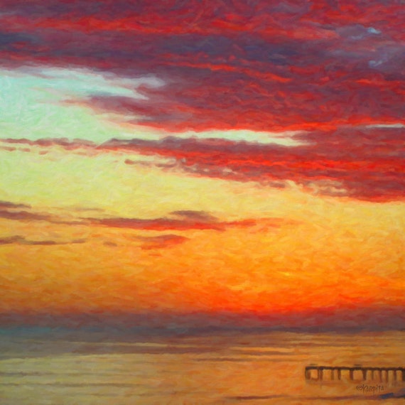 Colorful Sunset, Red Clouds, Fishing Pier, Orange Beach AL, Red