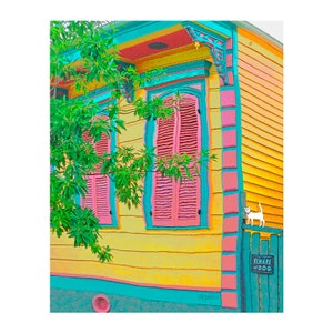 New Orleans Art, Shotgun House Print, Colorful Houses art, Funky houses, White Cat, NOLA, Whimsical House Art, House Portrait, Cat, Korpita