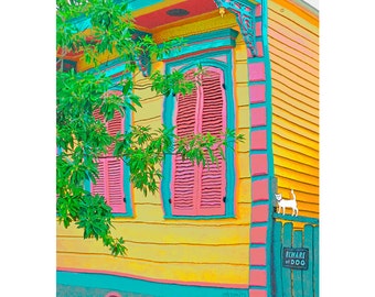 New Orleans Art, Shotgun House Print, Colorful Houses art, Funky houses, White Cat, NOLA, Whimsical House Art, House Portrait, Cat, Korpita