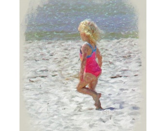 Beach Art, Beach Print, Beach Wall Decor, Little Girl Beach, Girl Room Art, Kids on Beach, Coastal Art, Seashore Art, Seascape, KORPITA