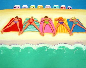 Whimsical Beach Art, Women Beach, Colorful Cottages, Seascape, Seashore Art, Beach Art, Beach Wall Decor, Coastal Art, Girlfriends, KORPITA
