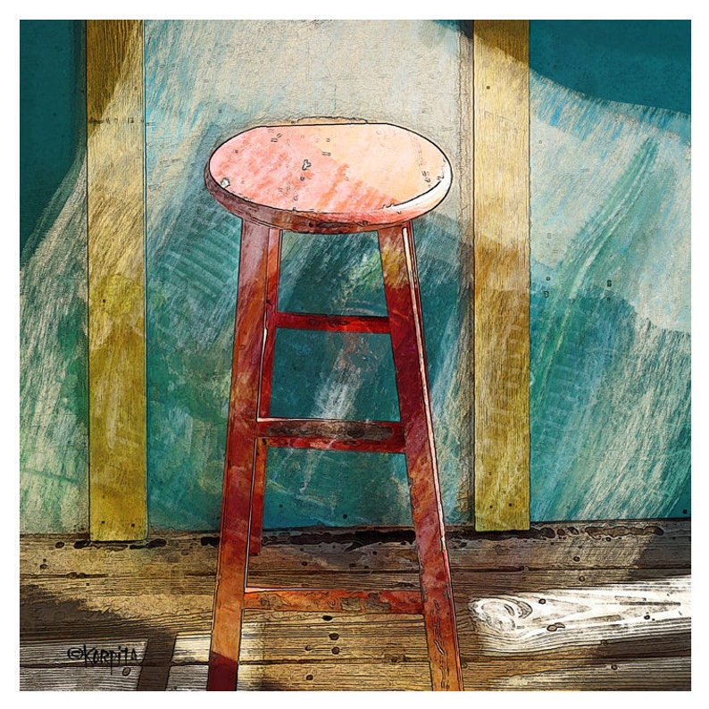 Red Bar Stool Print Beach Cottage Decor Yellow Turquoise