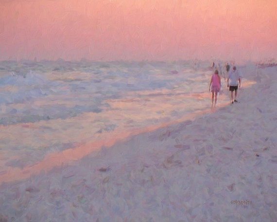 Impressionistic Beach, Sunset, Couple Walking, Seashore Art, End
