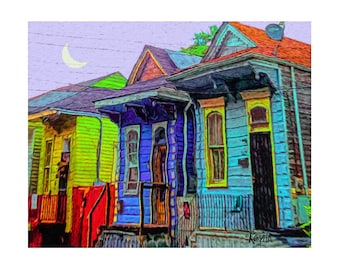 New Orleans Art, Shotgun Houses , New Orleans House, Funky Houses, Colorful Houses, Nola Art, NOLA Print, New Orleans Decor, Moon, KORPITA