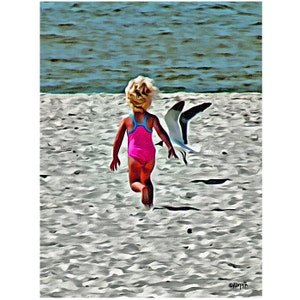 Toddler Seagull, Baby on Beach, Kids on Beach, Baby and Seagull, Seashore painting, seascape, coastal wall decor, Girls Room Art, KORPITA