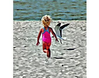 Toddler Seagull, Baby on Beach, Kids on Beach, Baby and Seagull, Seashore painting, seascape, coastal wall decor, Girls Room Art, KORPITA
