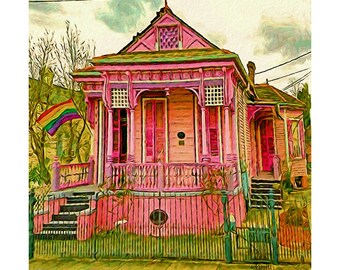 New Orleans Houses, Pink House Art, Gay Pride, Funky Houses art, Colorful Houses, House Portrait, Whimsical House Print, NOLA, Korpita