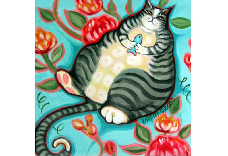 Fat Cat Art Tabby Cat Print Whimsical Cat Art Cat on Etsy