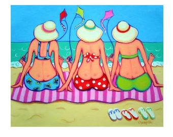 Beach Wall Decor, Beach Art, Beach Folk Art, Colorful Beach Print, Coastal Art, Women, Kite Flying Art, Girlfriend Gift, Seascape, Korpita