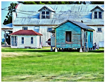 Tiny Houses, Big Barn, Mississippi Delta, Print Shack Up Inn, colorful houses, Clarksdale MS, Mississippi Art, Old Barn, KORPITA