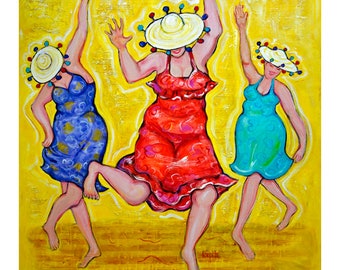 Tropical Folk Art, Women Dancing, Dance Painting, Tropical Decor, Caribbean art, Girlfriend Art, Happy Painting, Celebration, KORPITA