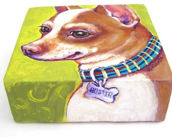 Chihuahua Art, Tan and White Chihuahua, Original Chihuahua Painting, Pet Portrait, 4x4 Dog Painting, weeART - Buster - Korpita