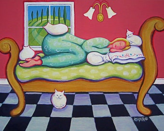 Cat Print, Cat Folk Art, White Cat Painting, Crazy Cat Lady, Woman Sleeping, Cats Napping, Cats on Bed, Woman Italy, Whimsical Cat, KORPITA