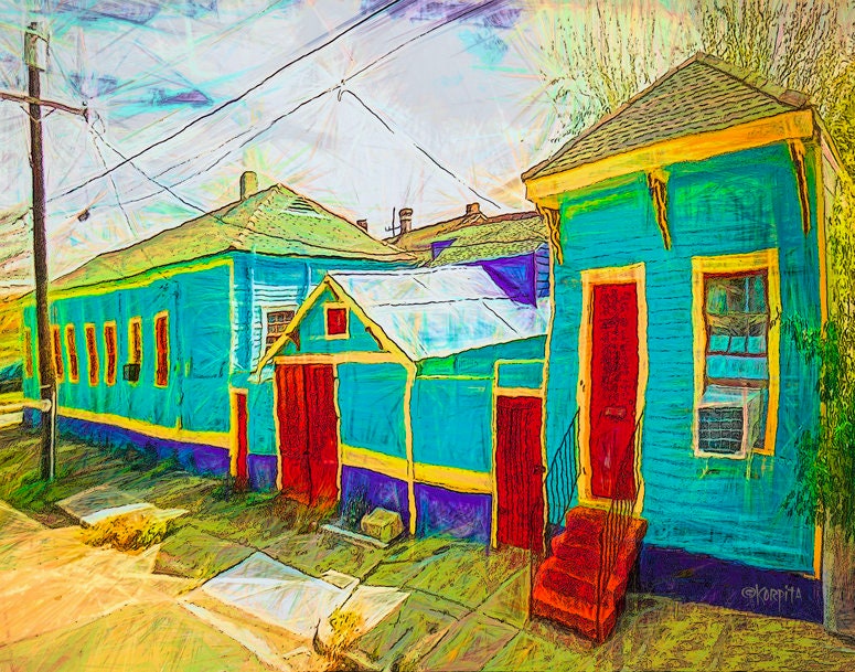 HOUSE PORTRAIT, New Orleans Art, Shotgun House, Turquoise House