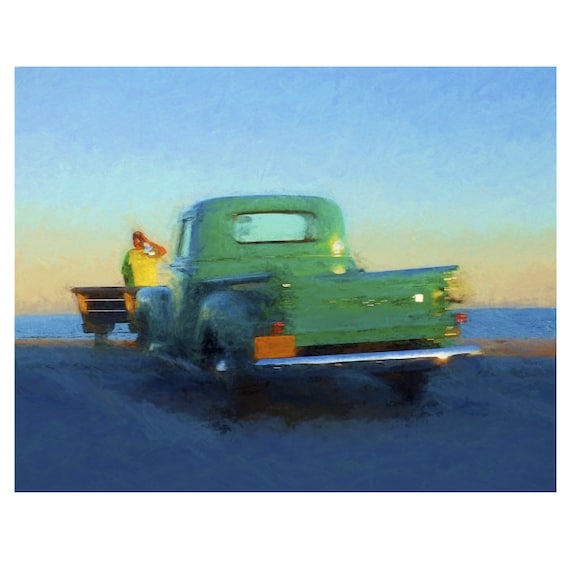 Classic Fifties Chevy, Green Chevy Truck, Classic Truck Art, Classic Car Art, Beach Sunset Art, Old Truck Beach, Old Chevy Truck, KORPITA
