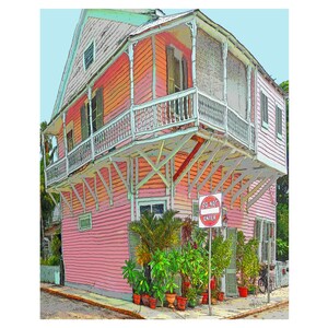 Key West Art, Pink House Art, Whimsical House Print, Tropical Decor, Funky House Art, Key West House, Balcony Print, Coastal Art, KORPITA