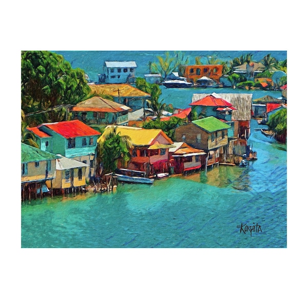 Colorful Houses, Caribbean Art, Roatan Art, Tropical art, Coastal art, Island art, Honduras Art, Tropical Decor, Whimsical Houses, KORPITA