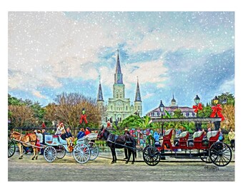 New Orleans Art, Jackson Square Art, Snow in New Orleans, Snow Scene, Horse and Carriage, Horse and Buggy, NOLA Art, French Quarter, KORPITA