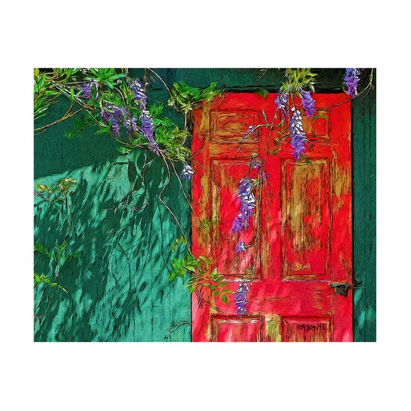 Wisteria Art, Tropical Art, Red Door, Floral Wall Art, Southern Art, Wisteria Painting, Old Shed, Mississippi Artist, Southern, KORPITA