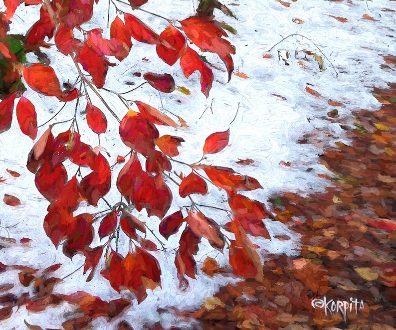 May include: A painted image of a branch with bright red leaves set against white and brown. The leaves are the main focus, with a textured, painted look. The scene suggests autumn or early winter.