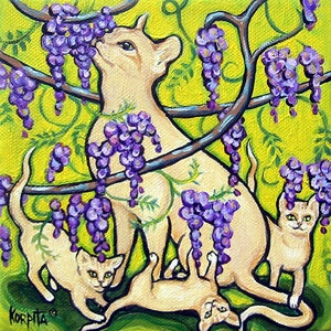 May include: A painting of four cream-colored cats with purple wisteria flowers hanging from a vine. The cats are in a playful pose, with one cat sniffing the flowers.