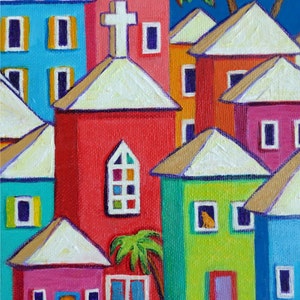 Tropical Art, Colorful Houses Print, Coastal Wall Decor, Caribbean Folk Art, Church art, Orange Cat Art, Seaside Village, Beach Art, Korpita image 2