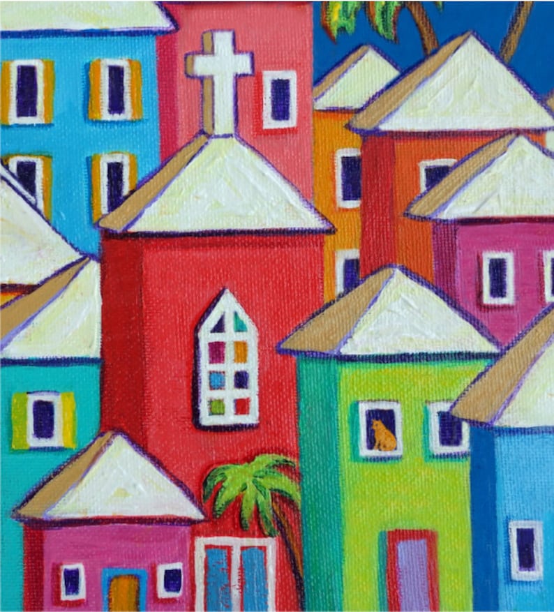 Tropical Art, Colorful Houses Print, Coastal Wall Decor, Caribbean Folk Art, Church art, Orange Cat Art, Seaside Village, Beach Art, Korpita image 2