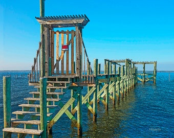 Coastal Decor, Gulf Coast Art, Seascape, Seagull Print, Beach Art, Seashore, Pier Art, Wall Decor, Beach Cottage Art, MS Gulf Coast, KORPITA