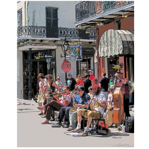 French Quarter Scene, Street Muscians, Street Band New Orleans, New Orleans Art, New Orleans Print, NOLA Art, Street Band, KORPITA