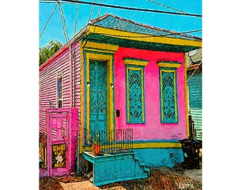 May include: A bright pink house with a teal door and windows. The house has a yellow trim and a teal porch. There is a sign that says "Beware Killer Rabbit" on the side of the house.