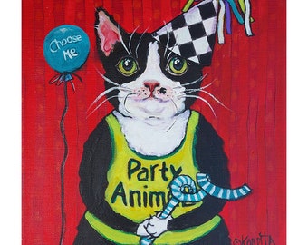 Original Cat Painting, cat lover, Cat with Hat, Cat Folk Art, Story Art, Tuxedo Cat, Party Cat, Feral Cat, Rescue Cat, MS Artist, KORPITA