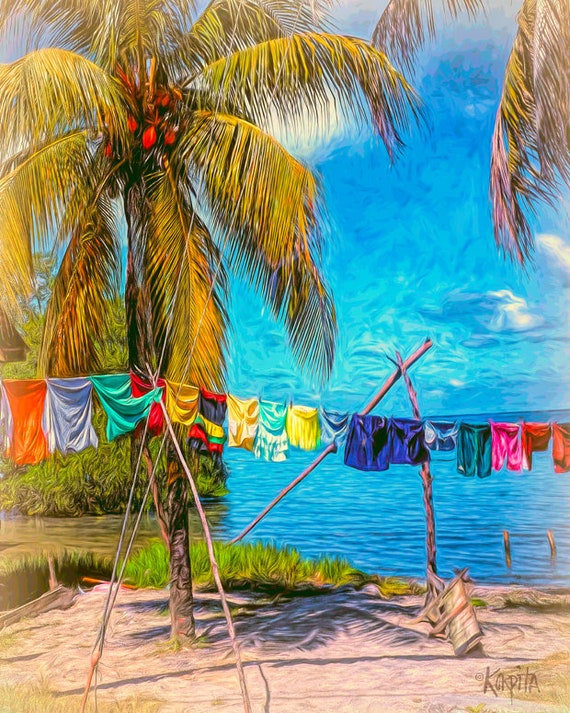 Washday, Roatan Island, Caribbean Art, Tropical Art, Coastal Art, Island  Art, Honduras Art, Tropical Decor, Clothes on Line, KORPITA 