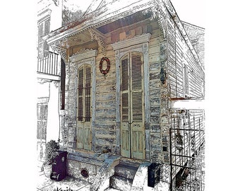 New Orleans Art, Christmas Gift, Whimsical House, Christmas Print, New Orleans Xmas, Christmas House, Shabby Chic, NOLA art, KORPITA