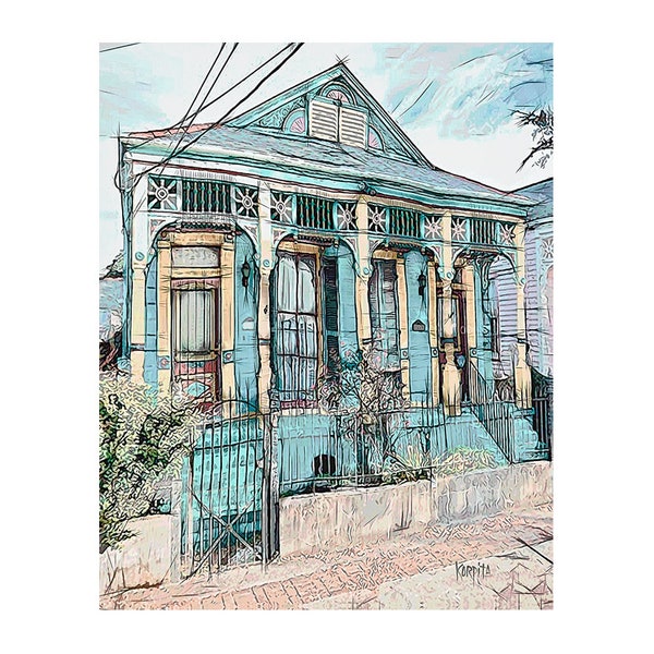 New Orleans Art, House Portrait, Double Shotgun House, NOLA Art, Blue House Art, New Orleans House, Bywater House, Tiny House Art, KORPITA