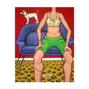 May include: A woman wearing a floral print bra and green shorts sits on a purple armchair. A white and brown dog is on the armrest of the chair. The woman is tied to the chair with a rope.