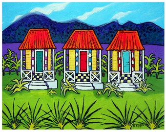 Colorful Houses, Folk Art, Tropical Art, Tiny Caribbean Cottages,  Funky Houses, Tiny House Art, Tropical Print, Tropical Decor, Korpita