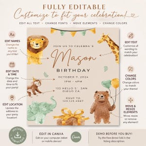 May include: A square birthday invitation template featuring watercolor illustrations of a lion, giraffe, monkey, elephant, and bear. The text includes "JOIN US TO CELEBRATE", "Mason", "BIRTHDAY", "OCTOBER 7, 2024", "1PM - 4PM", "123 HELLO ST, SAN DIEGO CA.", and "RSVP TO 123.123.4567".