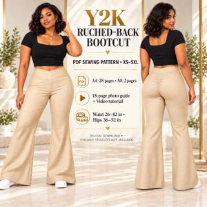 Op de afbeelding: Een digitaal PDF-naaipatroon voor een Y2K bootcut broek met geplooide achterkant in maten XS-5XL. Inclusief een fotogids van 18 pagina's, video-tutorial en printinstructies voor A4 en A0. Tailleomvang 66-107 cm en heupomvang 91-132 cm.