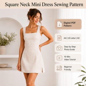 Op de afbeelding: Een digitaal naaipatroon voor een mini-jurk met vierkante hals. De tekst bevat Square Neck Mini Dress Sewing Pattern, Digital PDF Pattern, A4 | US Letter | A0, Step-by-Step Photo Guide, 10-Min Video Tutorial en Beginner Friendly.