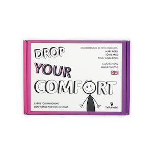 May include: A rectangular purple and white box labeled DROP YOUR COMFORT. The text includes CARDS FOR IMPROVING CONFIDENCE AND SOCIAL SKILLS, RECOMMENDED BY PSYCHOLOGISTS: MARE PORK, TÕNIS ARRO, TUULI JUNOLAINEN, ILLUSTRATIONS: MARIA PLUUTUS, and TalkSocial.