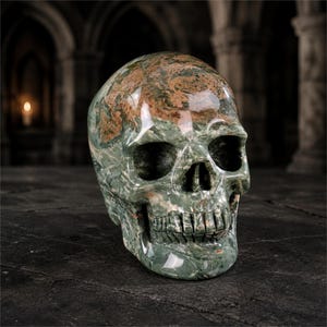 Könnte beinhalten: Eine polierte menschliche Totenkopfskulptur aus grün und braun gesprenkeltem Stein. Die Oberfläche weist ein glattes, reflektierendes Finish mit sichtbarer natürlicher Maserung und Farbvariationen über den gesamten Schädel, die Augenhöhlen und den Kiefer auf.
