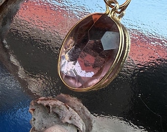 Amethyst glass necklace with 10” 14k goldplated chain.