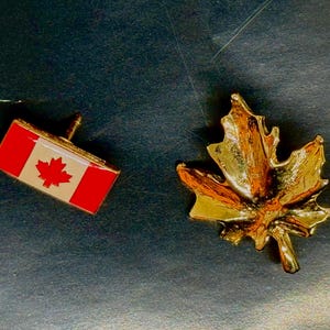 Canadian pins, a flag and a maple leaf