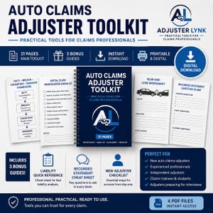 Può includere: Il kit di strumenti per periti assicurativi auto è un download digitale di 31 pagine. Include un manuale a spirale, una lista di controllo per l'indagine iniziale sui sinistri, un foglio di lavoro per tamponamenti e una guida alle domande.