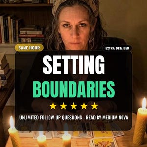 May include: A tarot reading service advertisement featuring the text PERSONALIZED READING, SAME HOUR, EXTRA DETAILED, SETTING BOUNDARIES, and UNLIMITED FOLLOW-UP QUESTIONS - READ BY MEDIUM NOVA, with five yellow stars and lit beeswax candles.