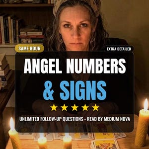 May include: A service listing for a personalized reading titled Angel Numbers & Signs, featuring text overlays including Same Hour, Extra Detailed, and Unlimited Follow-up Questions - Read by Medium Nova, with five yellow stars displayed below.