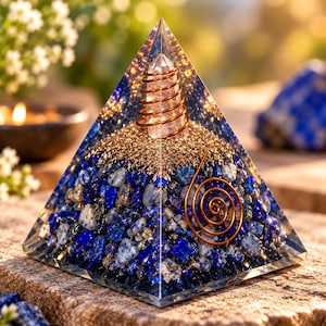 May include: A clear resin pyramid containing a central clear quartz point wrapped in a copper coil, surrounded by a base layer of blue lapis lazuli stones and gold-coloured metallic flakes, featuring a flat copper spiral on the front face.