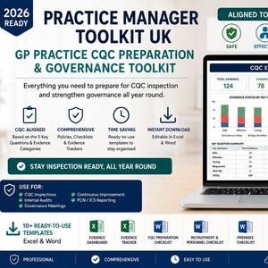 Könnte beinhalten: Ein 2026 Practice Manager Toolkit UK für die CQC-Vorbereitung und Governance in Arztpraxen. Die digitale Anzeige auf dem Laptop-Bildschirm zeigt ein CQC-Nachweis-Dashboard mit Diagrammen, Tabellen und Symbolen für verschiedene Bewertungskategorien.
