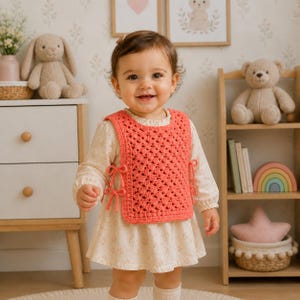 May include: A coral-coloured crocheted vest featuring a square-patterned knit design with side ties, worn over a cream-coloured long-sleeved dress with a subtle floral print. The vest is sleeveless and has a straight neckline, providing a layered look.